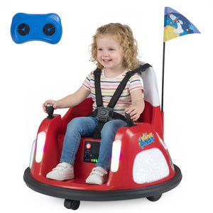 12V kids ride-on bumper car with remote control, flashing lights, angled view, perfect for fun and safe playtime.