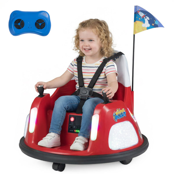 12V kids ride-on bumper car with remote control, flashing lights, angled view, perfect for fun and safe playtime.