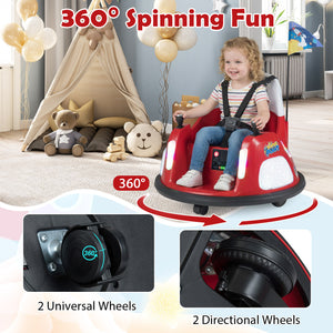 12V kids ride-on bumper car with remote control, flashing lights, and fun design for safe playtime.