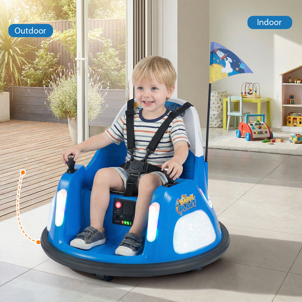 12V kids ride-on bumper car with remote control, flashing lights, and fun design for safe outdoor play.