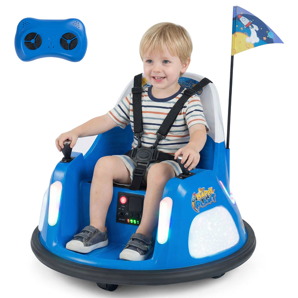 12V kids ride-on bumper car with remote control, flashing lights, and fun design for safe playtime adventures.