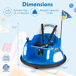 12V kids ride-on bumper car with remote control, flashing lights, fun toy for children, angle view.