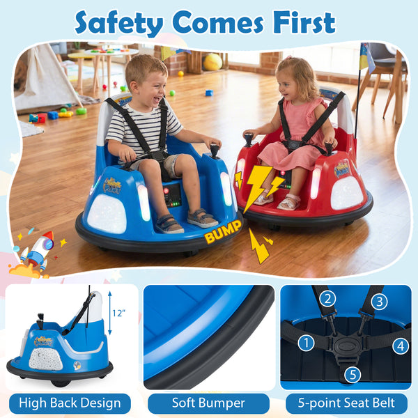 12V kids ride-on bumper car with remote control, flashing lights, and fun design for safe playtime. Angle 14 view.