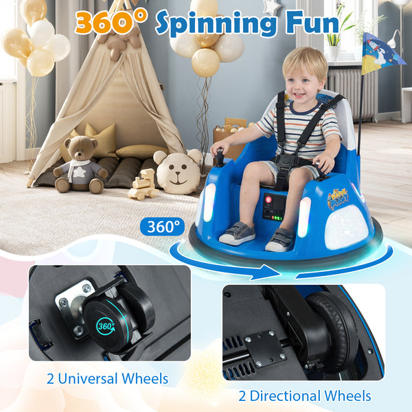 12V kids ride-on bumper car with remote control, flashing lights, and fun design for safe outdoor play.