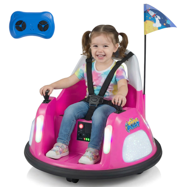 12V kids ride-on bumper car with remote control and flashing lights, angled view showcasing fun design and features.