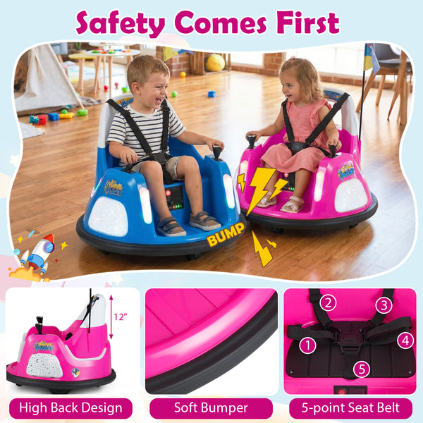 12V kids ride-on bumper car with remote control, flashing lights, and fun design for safe playtime. Angle view 5.