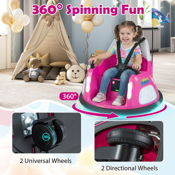 12V kids ride-on bumper car with remote control, flashing lights, and fun design for safe playtime adventures.