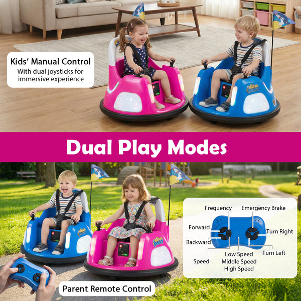 12V Kids Ride On Bumper Car with Remote Control, Flashing Lights, fun toy for children, angle view.