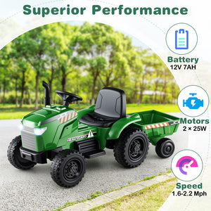 12V 2-in-1 kids ride-on tractor with trailer and 3-gear shift, perfect for outdoor fun and imaginative play.