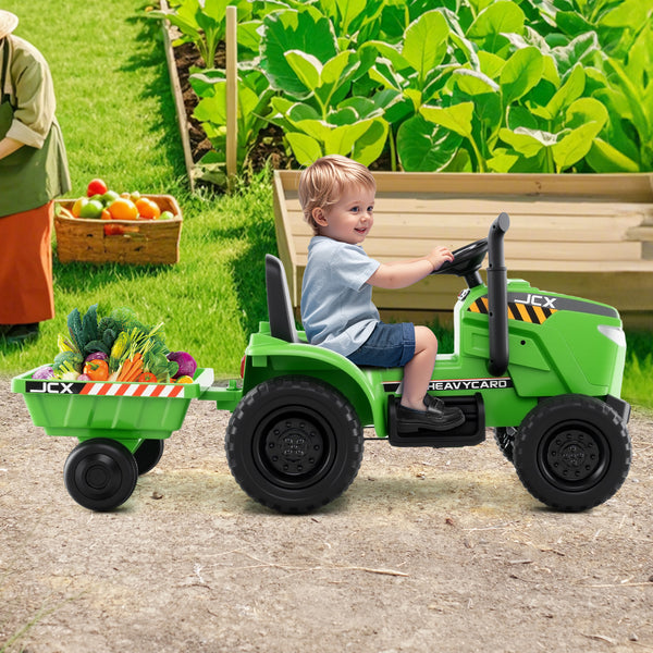 12V 2-in-1 Kids Ride On Tractor with Trailer, 3-Gear Shift, fun outdoor toy for toddlers. Angle 9 view.