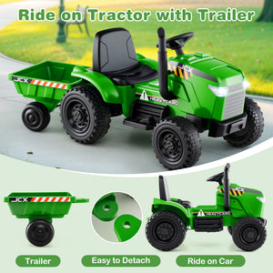 12V 2-in-1 kids ride-on tractor with trailer, featuring a 3-gear shift, perfect for outdoor play and fun adventures.