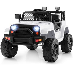 12V Kids Ride On Truck with Remote Control, headlights on, angled view showcasing fun and safety for young drivers.