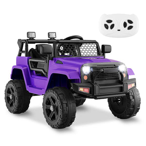 12V kids ride-on truck with remote control and headlights, angled view showcasing its fun design and features.
