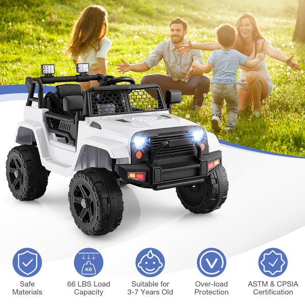 12V Kids Ride On Truck with Remote Control, headlights on, angled view showcasing fun and adventure for children.