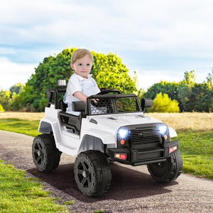 12V Kids Ride On Truck with Remote Control, headlights on, angled view showcasing fun and safety for young drivers.