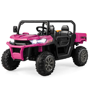 12V 2-seater kids ride-on dump truck with dump bed and shovel, perfect for outdoor play and imaginative adventures.
