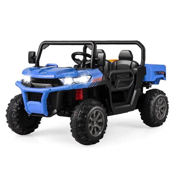 12V 2-seater kids ride-on dump truck with dump bed and shovel, perfect for outdoor play and imaginative adventures.
