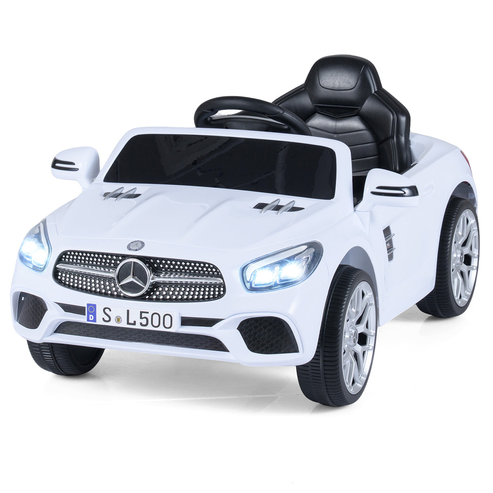 12V Mercedes-Benz kids ride-on car with remote control and music, perfect for outdoor fun and playtime.