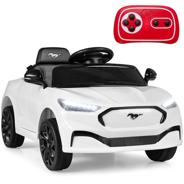 12V Ford Mach E kids ride-on car with parent control and horn, angled view showcasing its design and features.