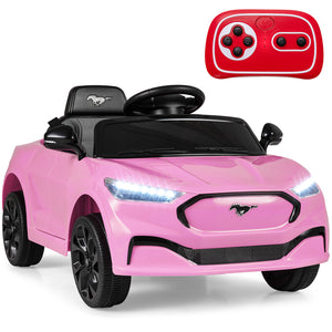 12V Ford Mach E kids ride-on car with parent control and horn, angled view showcasing its design and features.