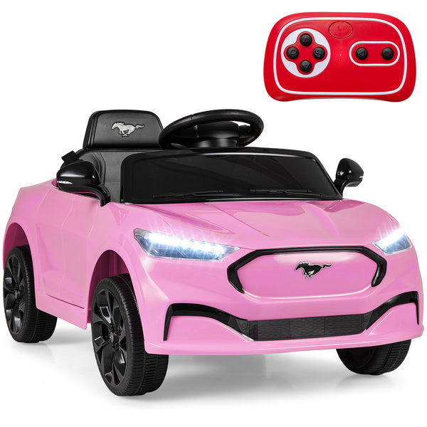 12V Ford Mach E kids ride-on car with parent control and horn, angled view showcasing its design and features.