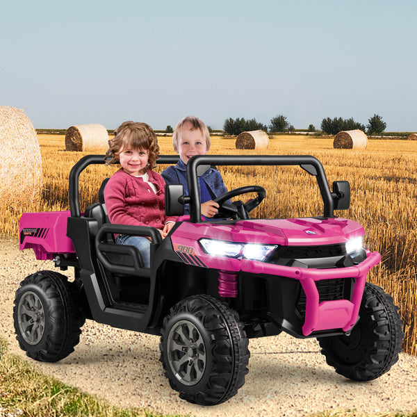 12V 2-seater kids ride-on dump truck with dump bed and shovel, perfect for outdoor play and imaginative adventures.