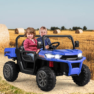 12V 2-seater kids ride-on dump truck with dump bed and shovel, perfect for outdoor play and imaginative adventures.