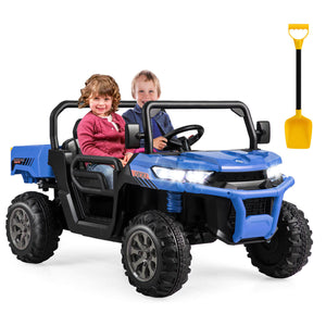 12V 2-seater kids ride-on dump truck with dump bed and shovel, perfect for outdoor play and adventure.