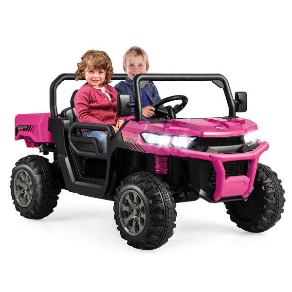 12V 2-seater kids ride-on dump truck with dump bed and shovel, perfect for outdoor play and adventure.