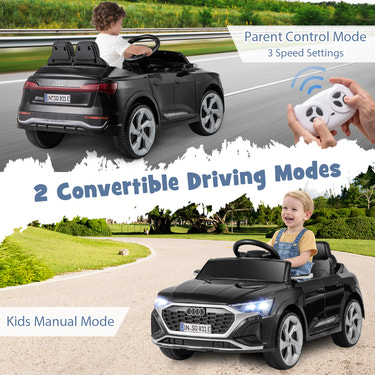 12V Audi SQ8 kids ride-on car with remote control, 3 speeds, perfect for outdoor fun and adventure.