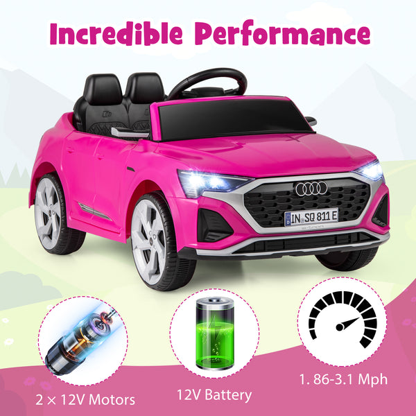 12V Audi SQ8 kids ride-on car with remote control, 3 speeds, angled view for toy enthusiasts.
