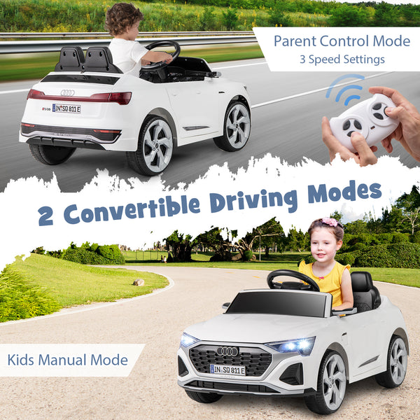 12V Audi SQ8 kids ride-on car with remote control, 3 speeds, perfect for outdoor fun and adventure.