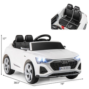 12V Audi SQ8 kids ride-on car with remote control, 3 speeds, angled view, perfect toy for young adventurers.
