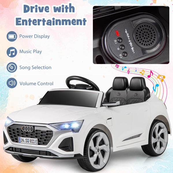 12V Audi SQ8 kids ride-on car with remote control, 3 speeds, angled view showcasing its sleek design and features.