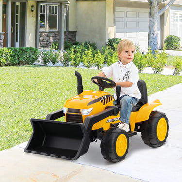 12V yellow kid's ride-on excavator toy with adjustable digging bucket for outdoor fun and play.