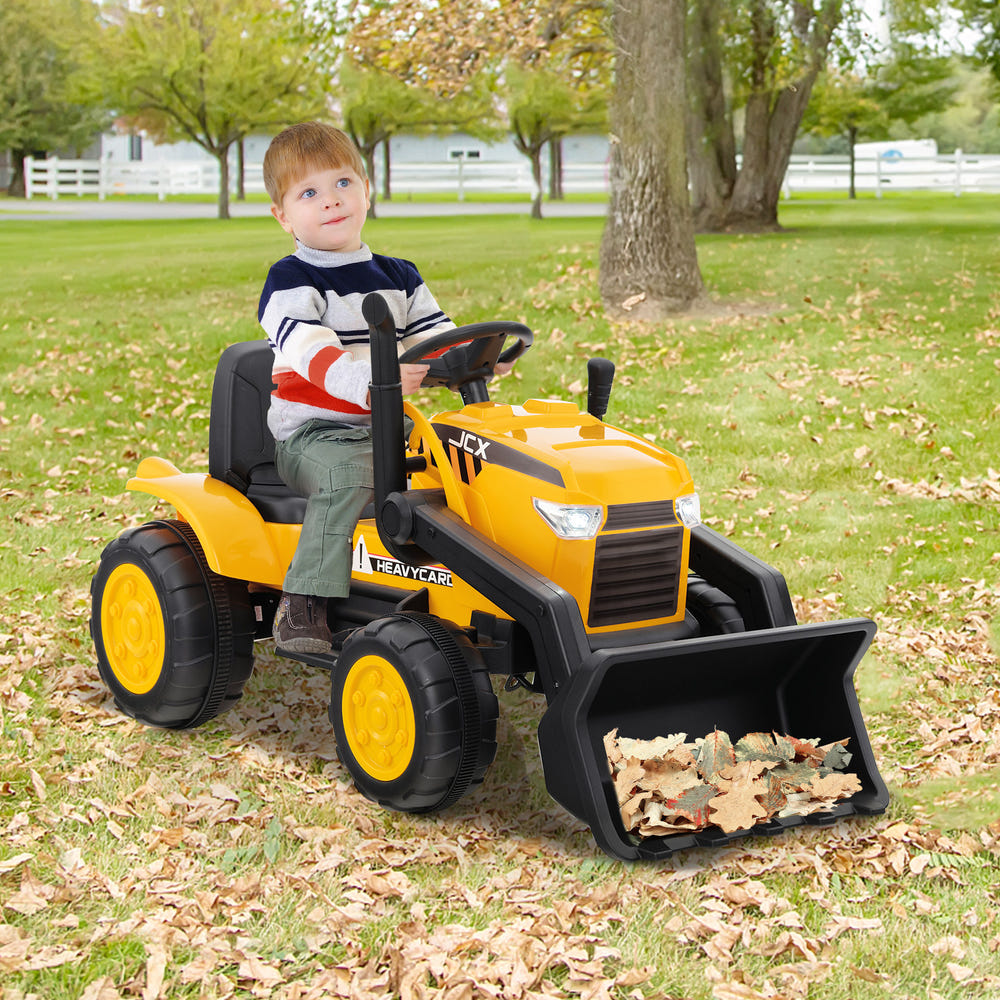 12V yellow kid's ride-on excavator toy with adjustable digging bucket for outdoor fun and play.