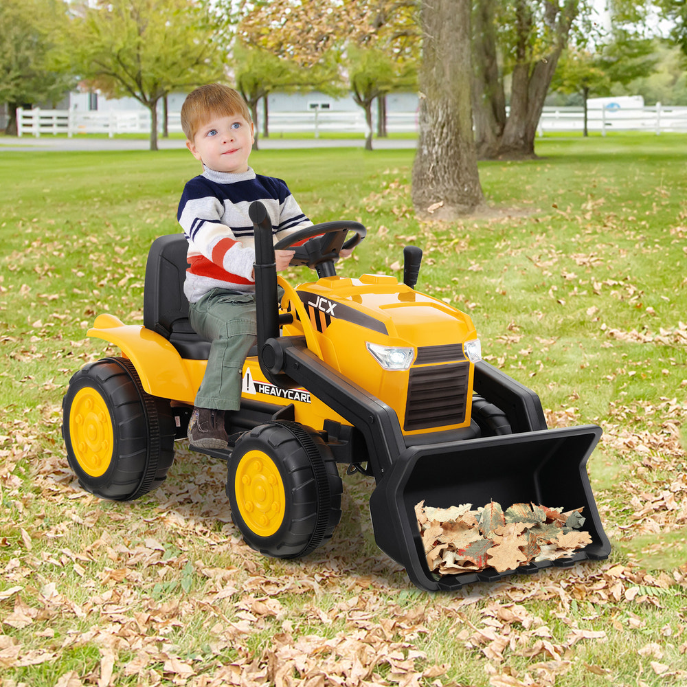 12V yellow kid's ride-on excavator toy with adjustable digging bucket for outdoor fun and play.