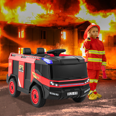 12V Kids Ride on Fire Truck 2-Seater with Remote Control and Water Gun in red - fun toy for adventurous playtime.