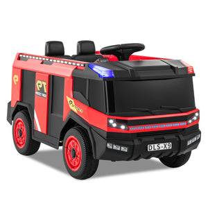 Red 12V kids ride-on fire truck, 2-seater with remote control and water gun, angled view. Perfect for young adventurers!
