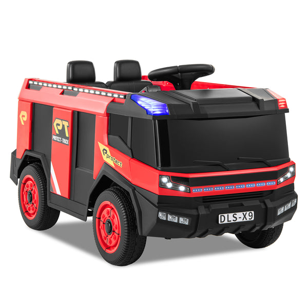 Red 12V kids ride-on fire truck, 2-seater with remote control and water gun, angled view. Perfect for young adventurers!