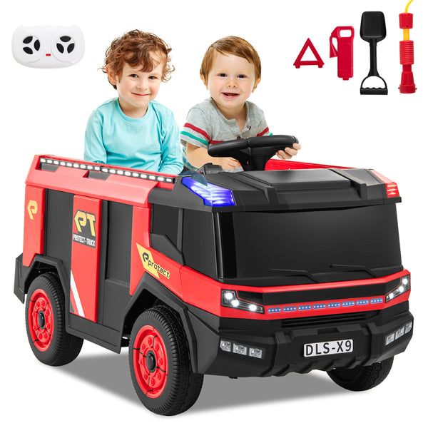 12V Kids Ride on Fire Truck 2-Seater with Remote Control and Water Gun - Red, angle view showcasing fun features.