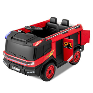 12V Kids Ride on Fire Truck 2-Seater with Remote Control and Water Gun in red, angled view for toy enthusiasts.