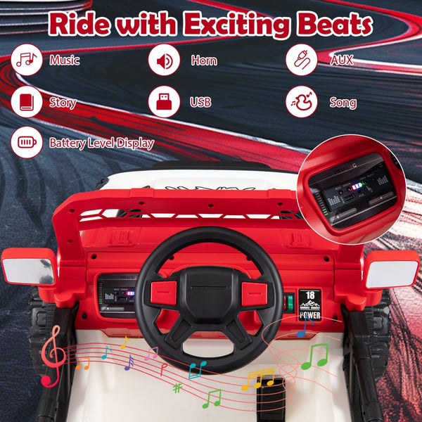 12V Kids Ride On Truck with Remote Control, 3 speeds, angled view showcasing fun design and features for children.