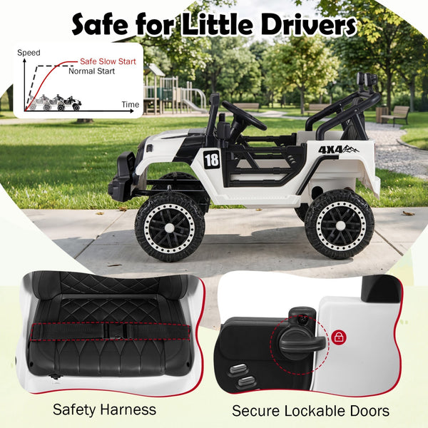 12V kids ride-on truck with remote control, 3 speeds, angled view showcasing fun and safety for young drivers.