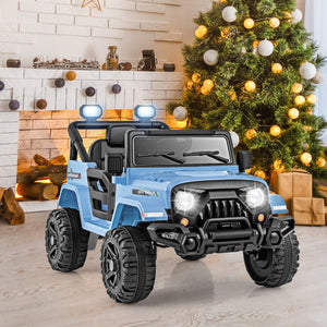 12V kids ride-on truck car with remote control, threaded wheels, and 3 speeds, angled view showcasing design and features.
