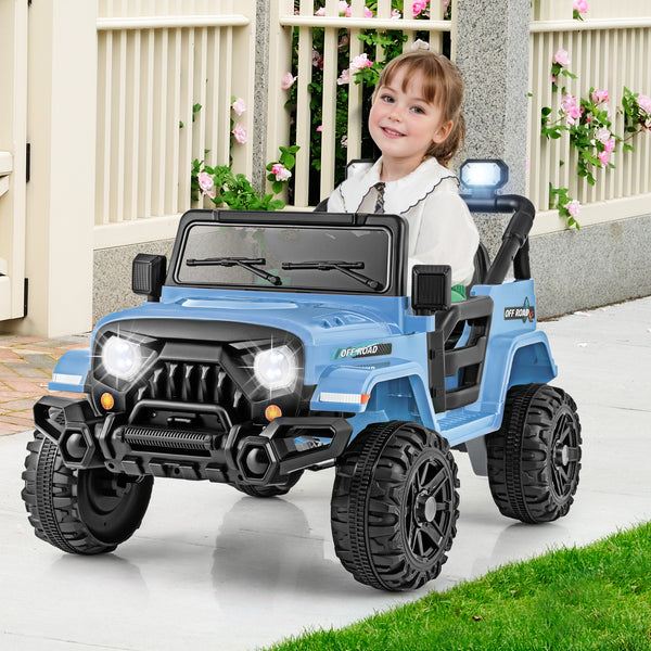 12V kids ride-on truck car with remote control, threaded wheels, and 3 speeds, angled view showcasing design and features.