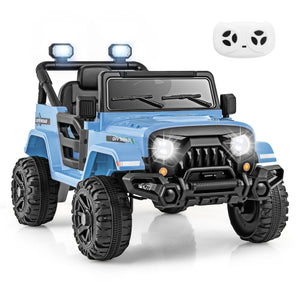 12V kids ride-on truck car with remote control, threaded wheels, and 3 speeds, angled view showcasing its features.