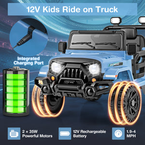 12V kids ride-on truck car with remote control, threaded wheels, and 3 speeds, angled view showcasing design and features.