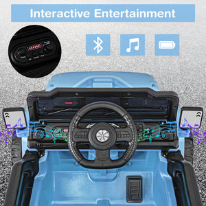 12V kids ride-on truck car with remote control, threaded wheels, and 3 speeds, angled view showcasing design and features.