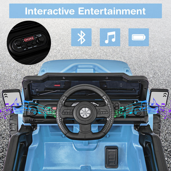 12V kids ride-on truck car with remote control, threaded wheels, and 3 speeds, angled view showcasing design and features.